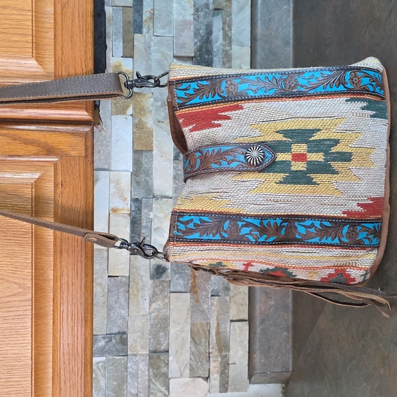 Myra Bag Handbags - Myra Bag Southwestern Crossbody in Cream and Brown